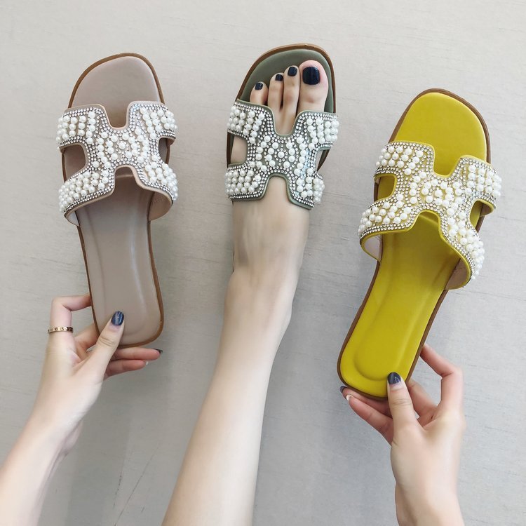 Hot Sale Square Head Ladies Slippers Pearls Decoration X Strap Fashion Slides Slippers Flat Sandals For Women And Ladies