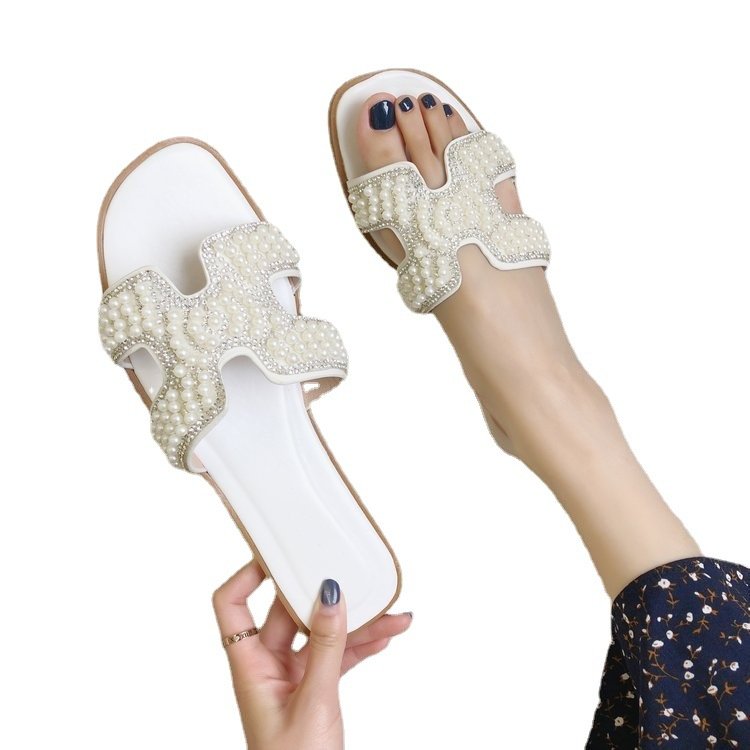 Hot Sale Square Head Ladies Slippers Pearls Decoration X Strap Fashion Slides Slippers Flat Sandals For Women And Ladies