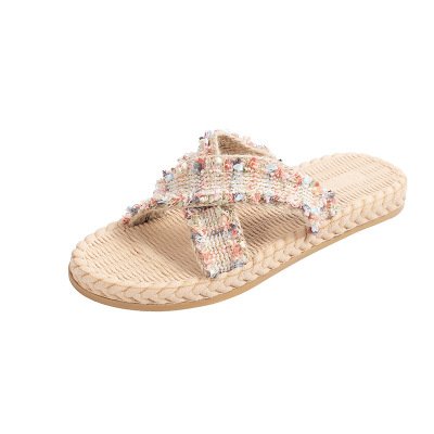 Women Fashion Flower Weave Cross Belt Open Toe Flat Slippers Shoes Summer Bohemian Beach Casual slippers