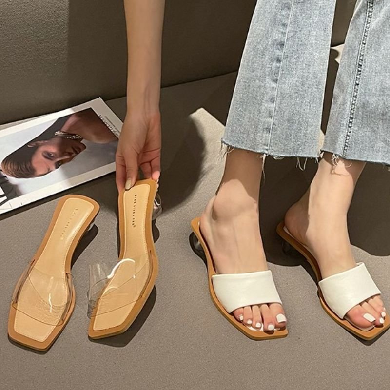 Sandales Talon Femme Transparent Silver New Fashion 2022 Summer Sexy Low Heel Slipper Sandals Shoes for Women