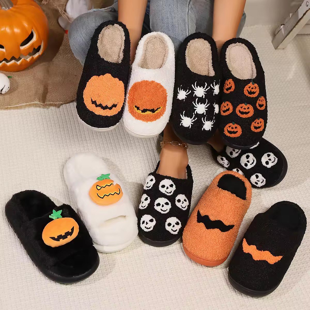 Custom halloween christmas slipper functional antislip fluffy fuzzy casual slides Leopard soft plush warm winter slippers