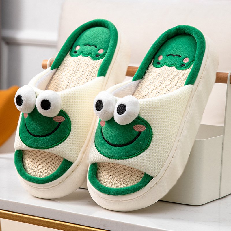 Cartoon Cute Frog Linen Slippers For Women Thick Bottom Home Shoes Cotton Linen Couple Indoor Slippers Funny Male Home Slides