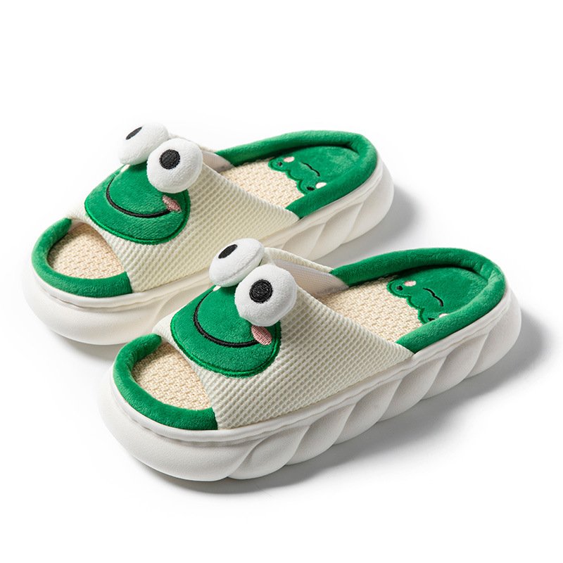 Cartoon Cute Frog Linen Slippers For Women Thick Bottom Home Shoes Cotton Linen Couple Indoor Slippers Funny Male Home Slides