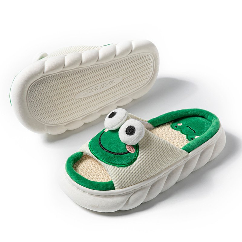 Cartoon Cute Frog Linen Slippers For Women Thick Bottom Home Shoes Cotton Linen Couple Indoor Slippers Funny Male Home Slides