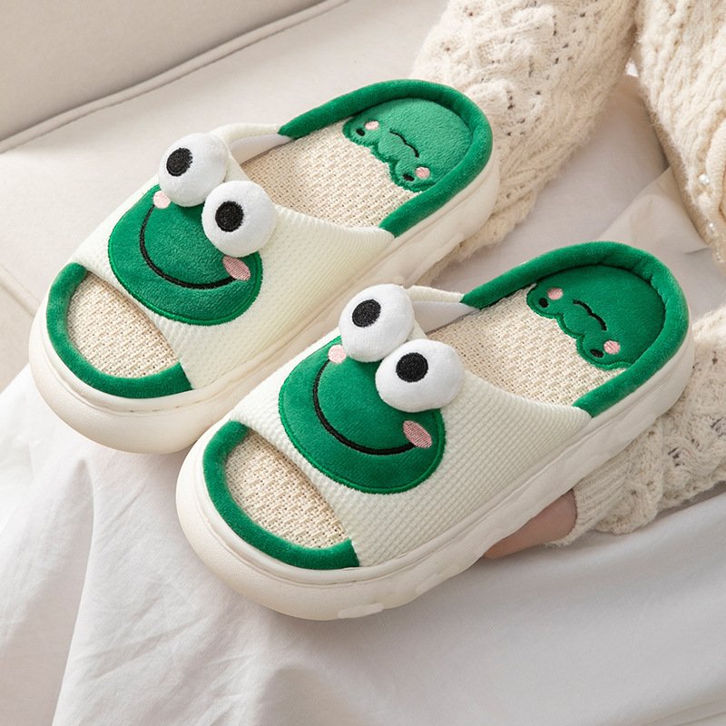 Cartoon Cute Frog Linen Slippers For Women Thick Bottom Home Shoes Cotton Linen Couple Indoor Slippers Funny Male Home Slides