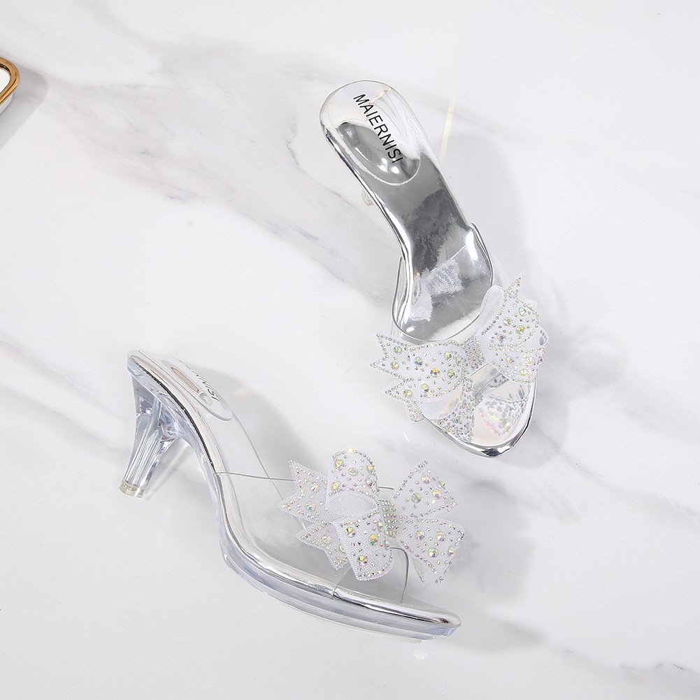 S6-9 New customizable French bow rhinestone high-heeled women's slides slippers plus size women shoes
