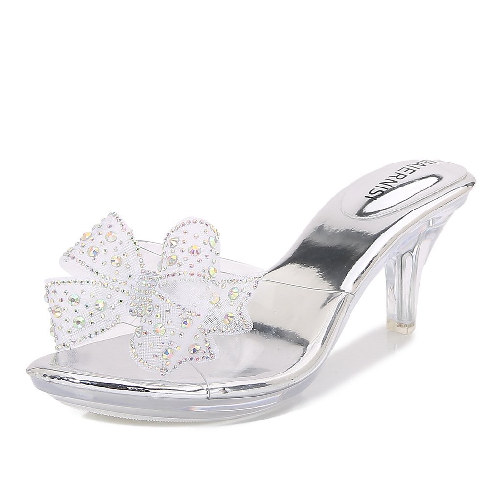 S6-9 New customizable French bow rhinestone high-heeled women's slides slippers plus size women shoes