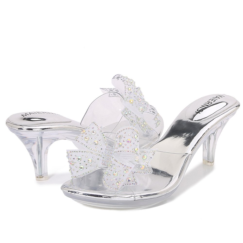 S6-9 New customizable French bow rhinestone high-heeled women's slides slippers plus size women shoes