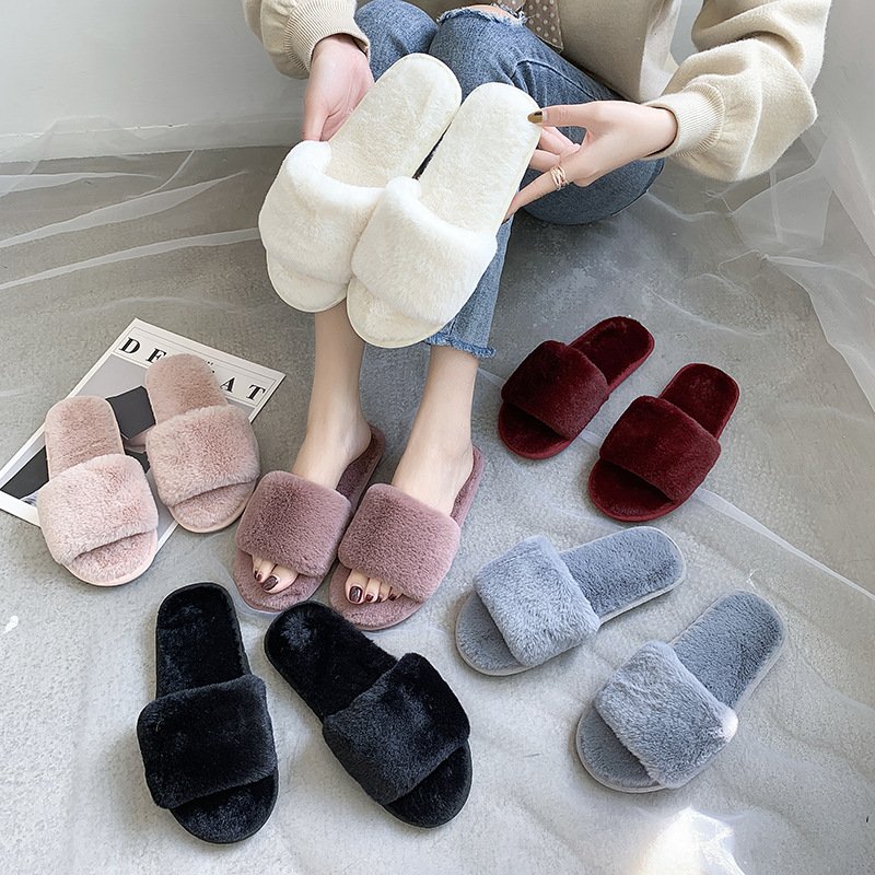 Customized Bow Slides Slippers Winter Fashion Fur Warm Ladies House Slippers Shoes Custom Fuzzy Slippers With Logo