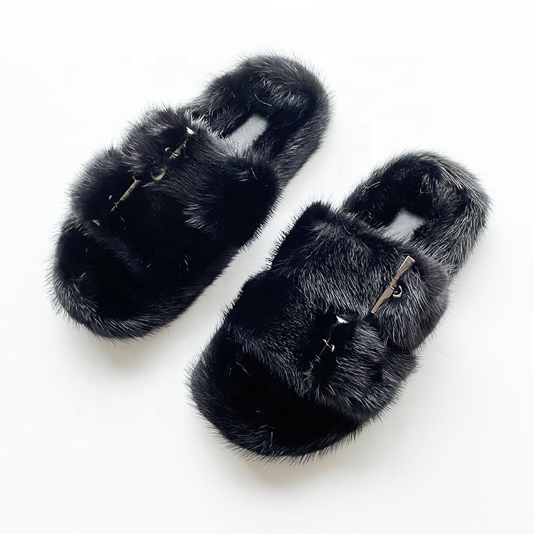 Woman's Mink Fur Slippers Slides Faux Fur Fashion Custom Logo Luxury Mink Fur Slides
