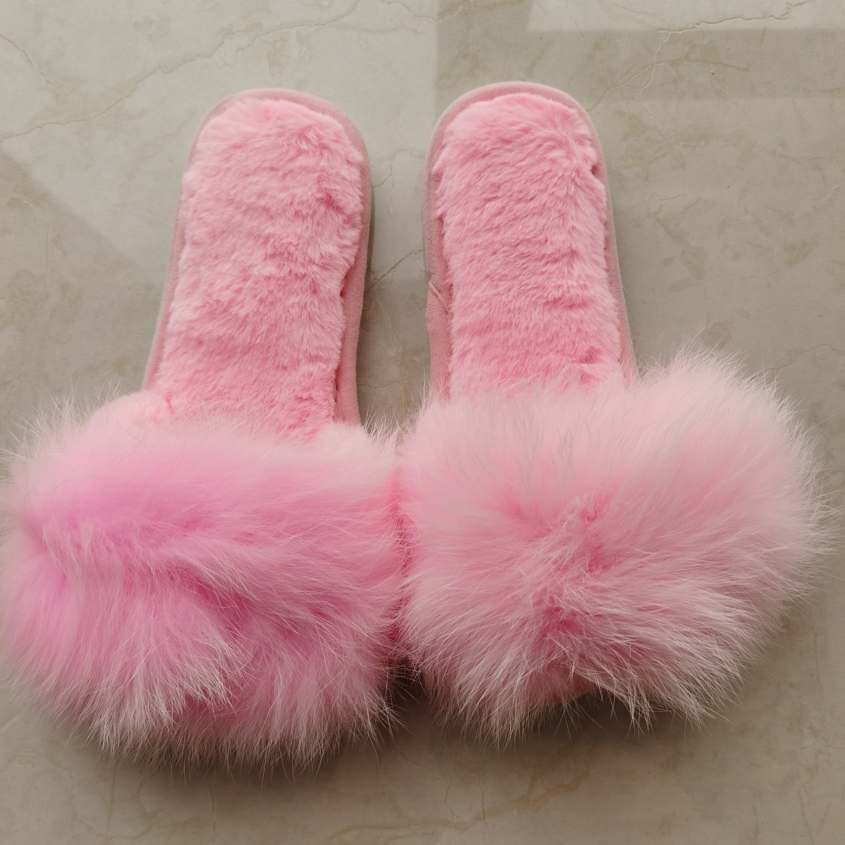 New Style Winter Real Fox Fur Slippers Short Plush Fluffy Sandals Women Flat Slides Natural Fur Female Large Size Slipper