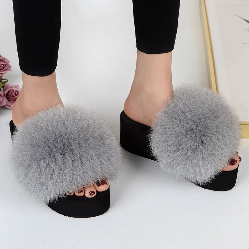 Custom Made Slipper Slide Woman Women Sandal Fox Hair Fur Black High Heel EVA Outdoor GENUINE Leather Picture Winter Slippers