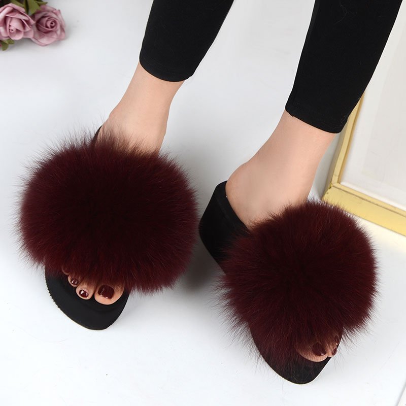 Custom Made Slipper Slide Woman Women Sandal Fox Hair Fur Black High Heel EVA Outdoor GENUINE Leather Picture Winter Slippers
