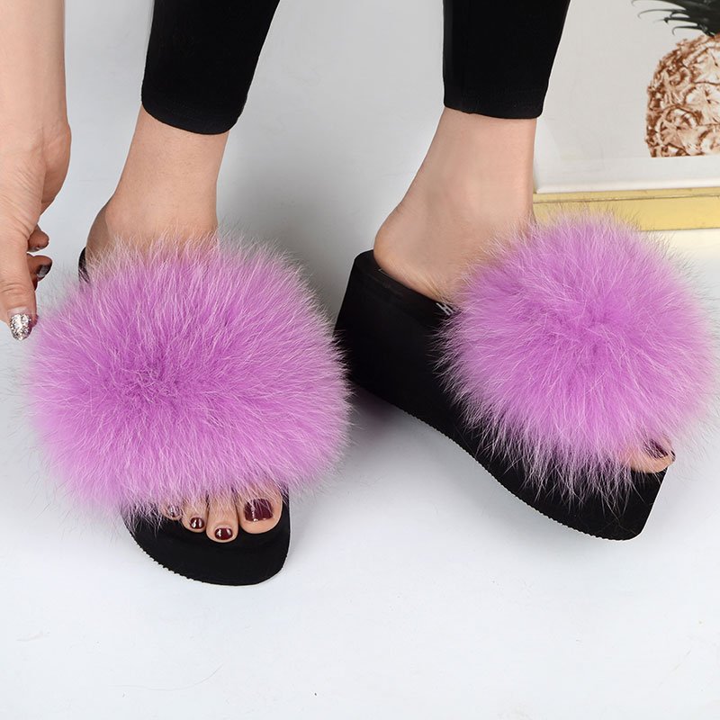 Custom Made Slipper Slide Woman Women Sandal Fox Hair Fur Black High Heel EVA Outdoor GENUINE Leather Picture Winter Slippers