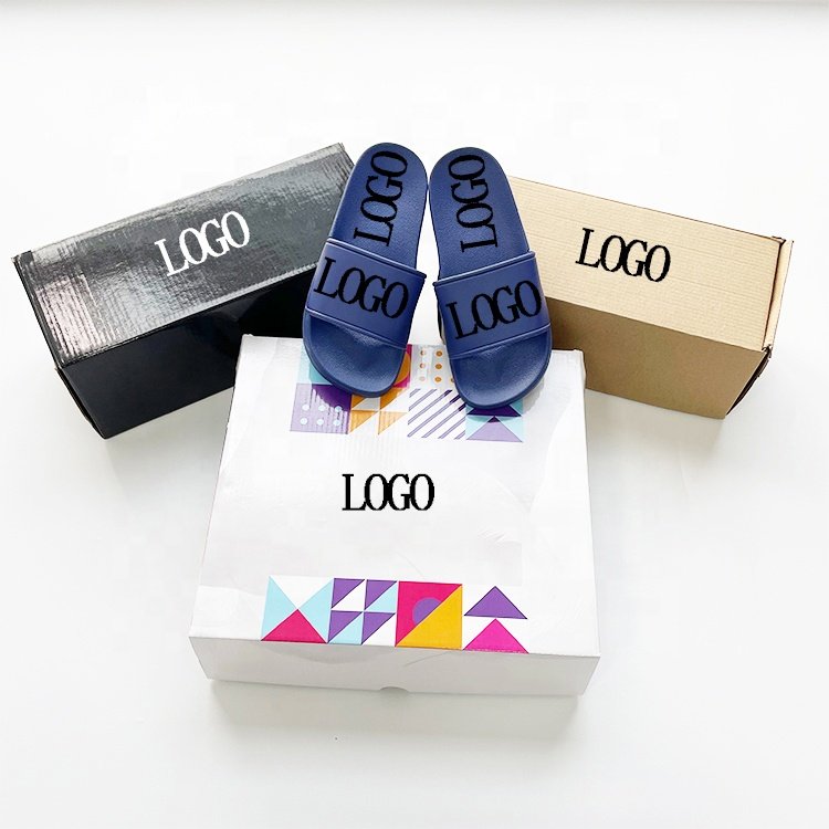 customized logo flat latest design pvc slides slippers low moq sandals men packing boxes flip flops