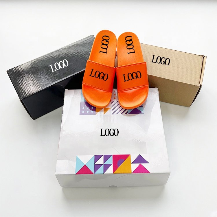 customized logo flat latest design pvc slides slippers low moq sandals men packing boxes flip flops