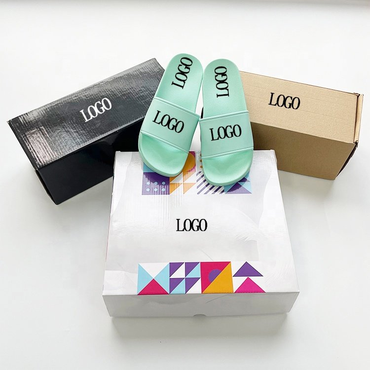 customized logo flat latest design pvc slides slippers low moq sandals men packing boxes flip flops