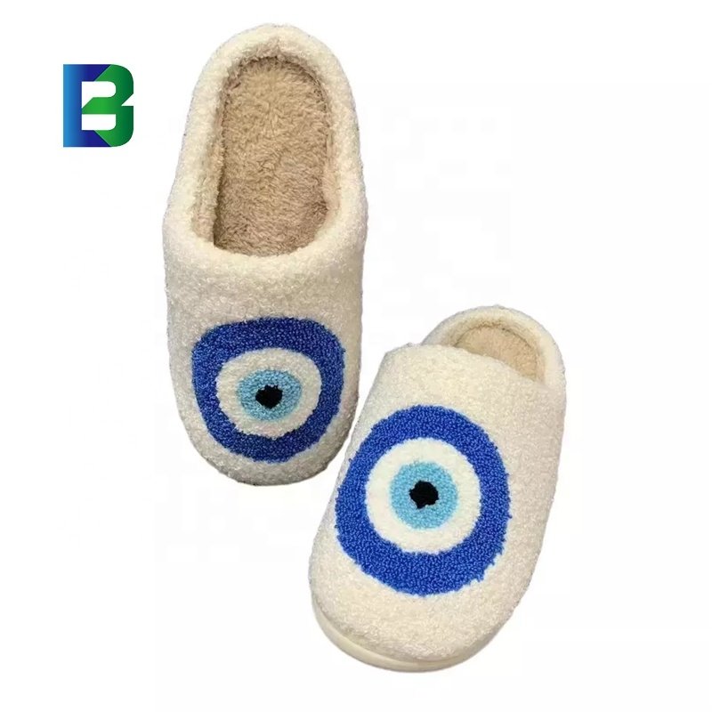 BARCHON cute winter warm indoor home house bedroom cotton flat evil eyes slides slippers for women men