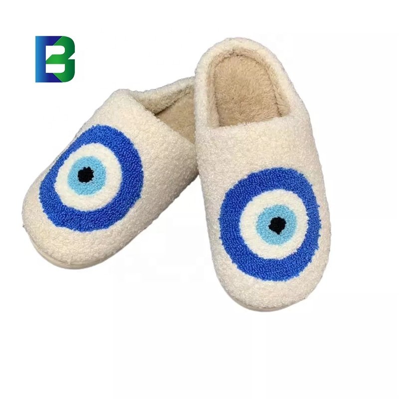 BARCHON cute winter warm indoor home house bedroom cotton flat evil eyes slides slippers for women men