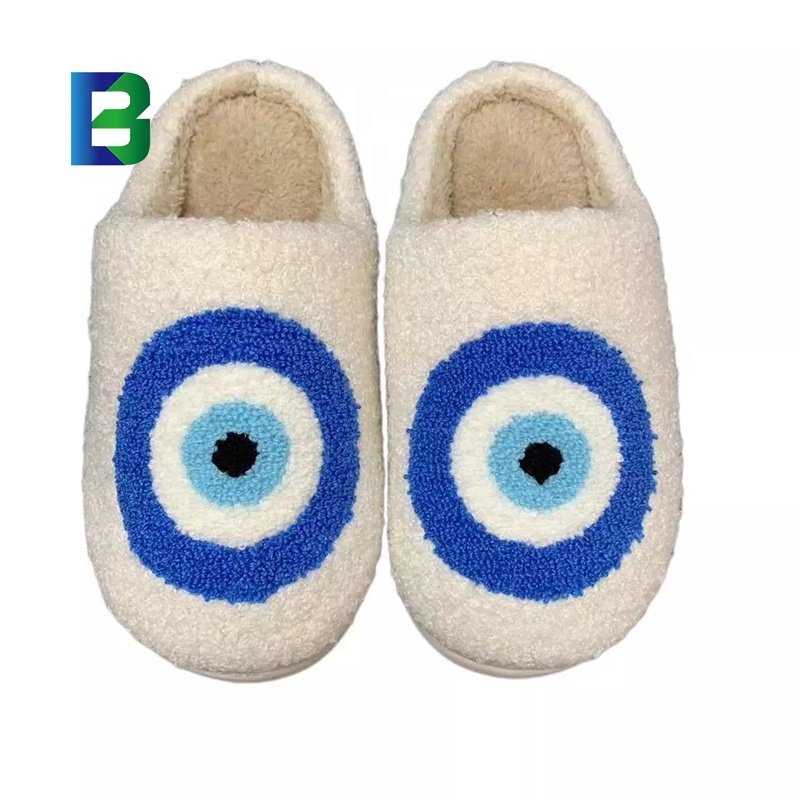 BARCHON cute winter warm indoor home house bedroom cotton flat evil eyes slides slippers for women men
