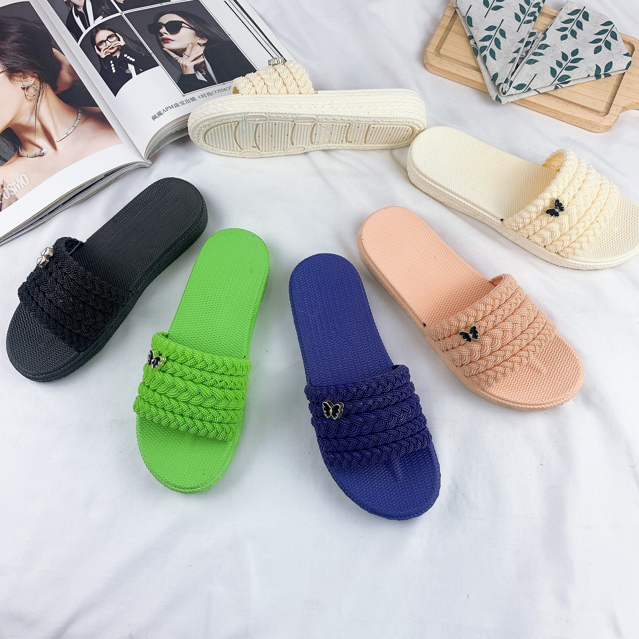 PVC Woven Straps Slides Slippers Casual Indoor & Outdoor Beach Flat Bottom Sandals
