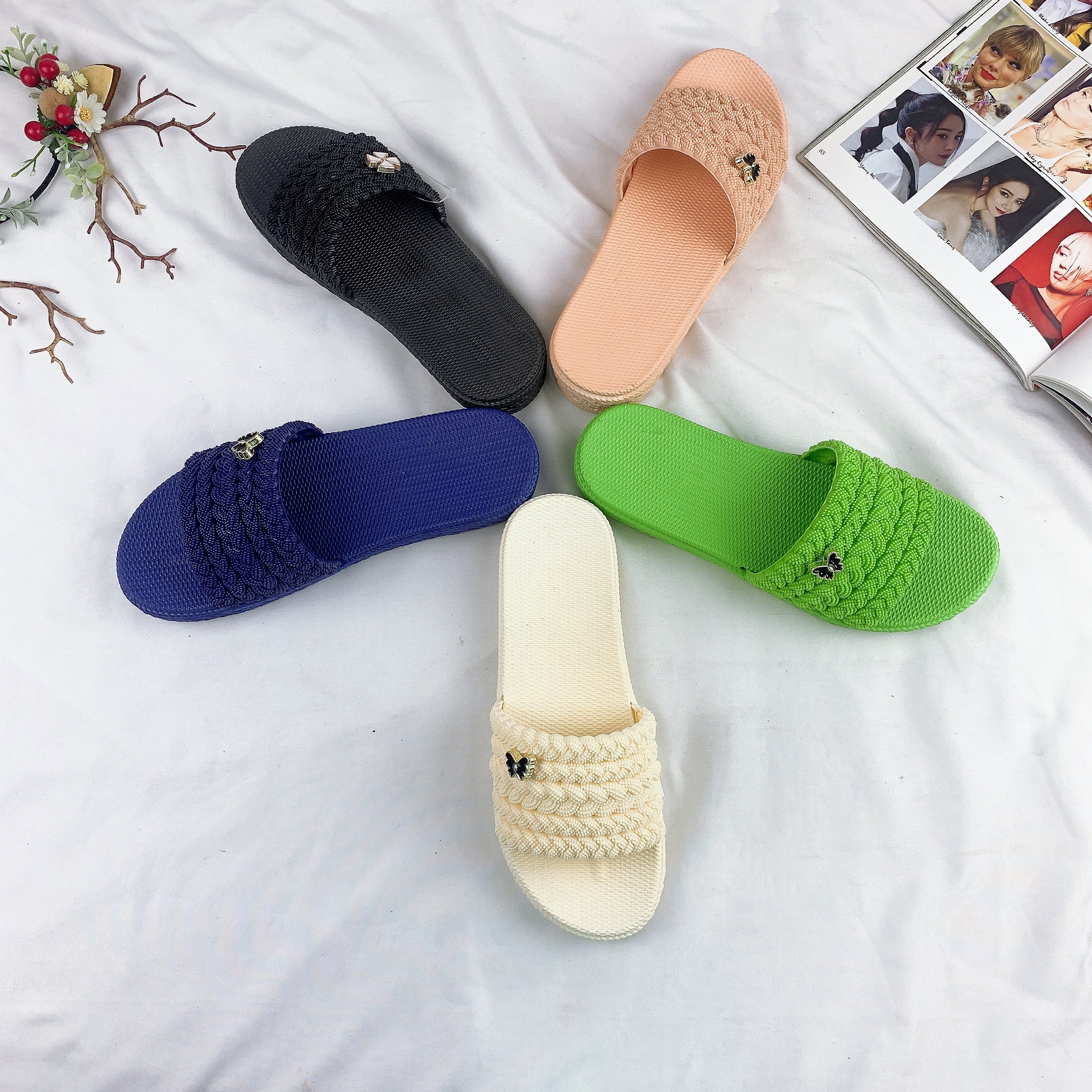 PVC Woven Straps Slides Slippers Casual Indoor & Outdoor Beach Flat Bottom Sandals