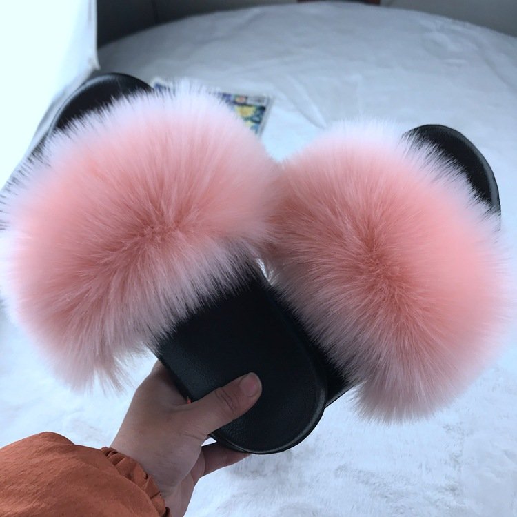 Greatslides Fashion Sandals For Women,Flat Slippers For Women New Designs,Fox Fur Slides Custom Slippers Fuzzy