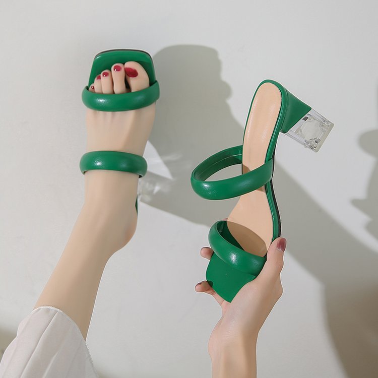 Crystal Heel Slippers for Women 2023 Summer New Open Toe Thick Heel High Heel Fashion Women's Slippers Wholesale