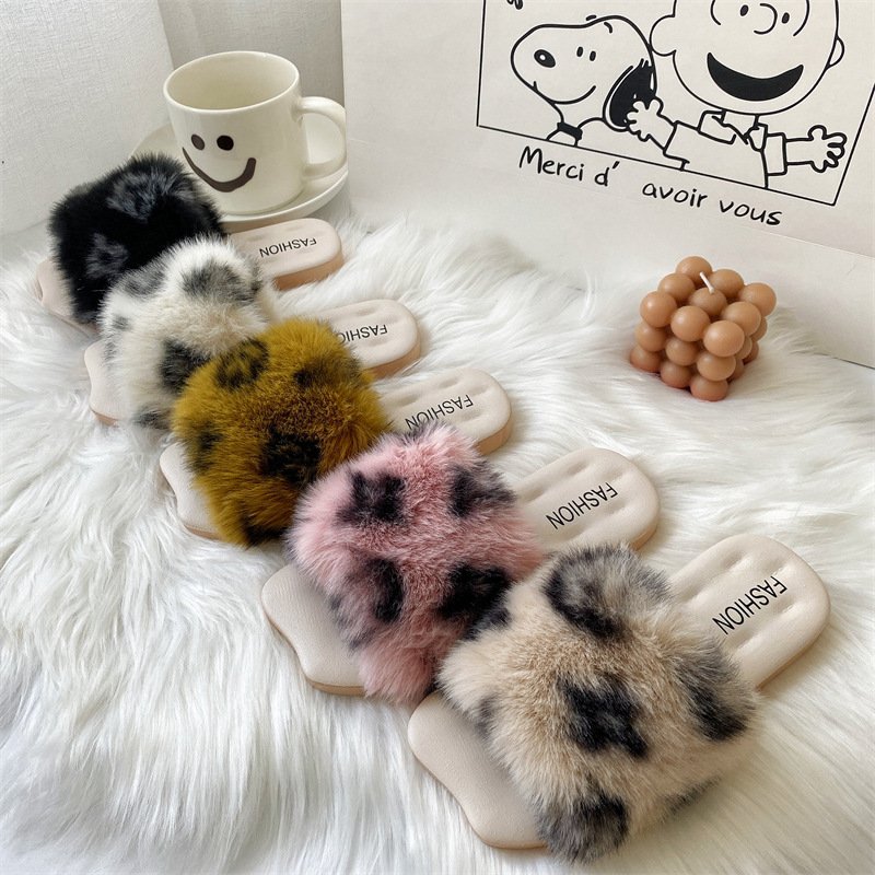 New arrival fashion trend women cozy indoor outdoor autumn winter leopard print fur slide slippers