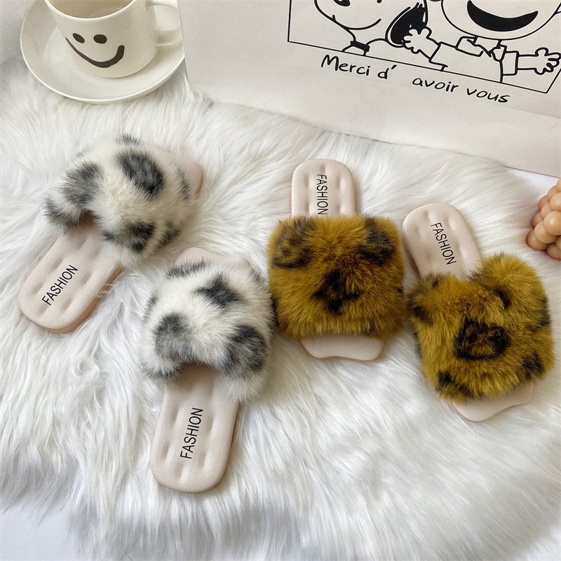 New arrival fashion trend women cozy indoor outdoor autumn winter leopard print fur slide slippers