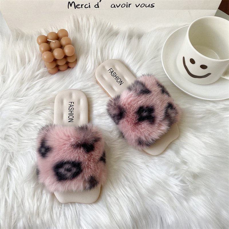 New arrival fashion trend women cozy indoor outdoor autumn winter leopard print fur slide slippers