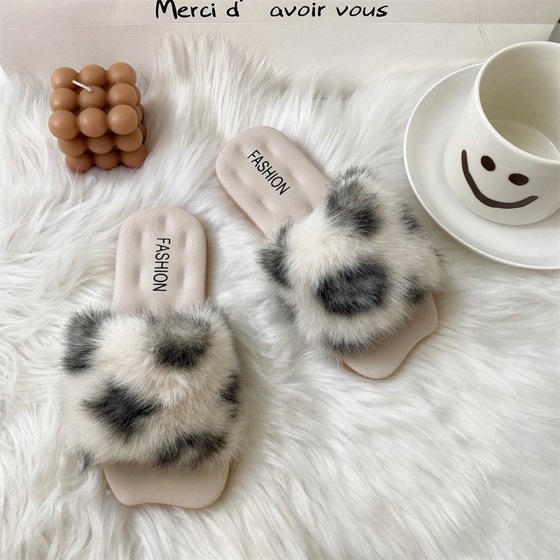 New arrival fashion trend women cozy indoor outdoor autumn winter leopard print fur slide slippers