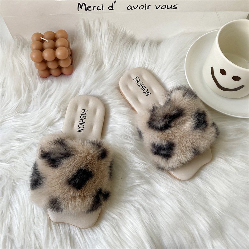 New arrival fashion trend women cozy indoor outdoor autumn winter leopard print fur slide slippers