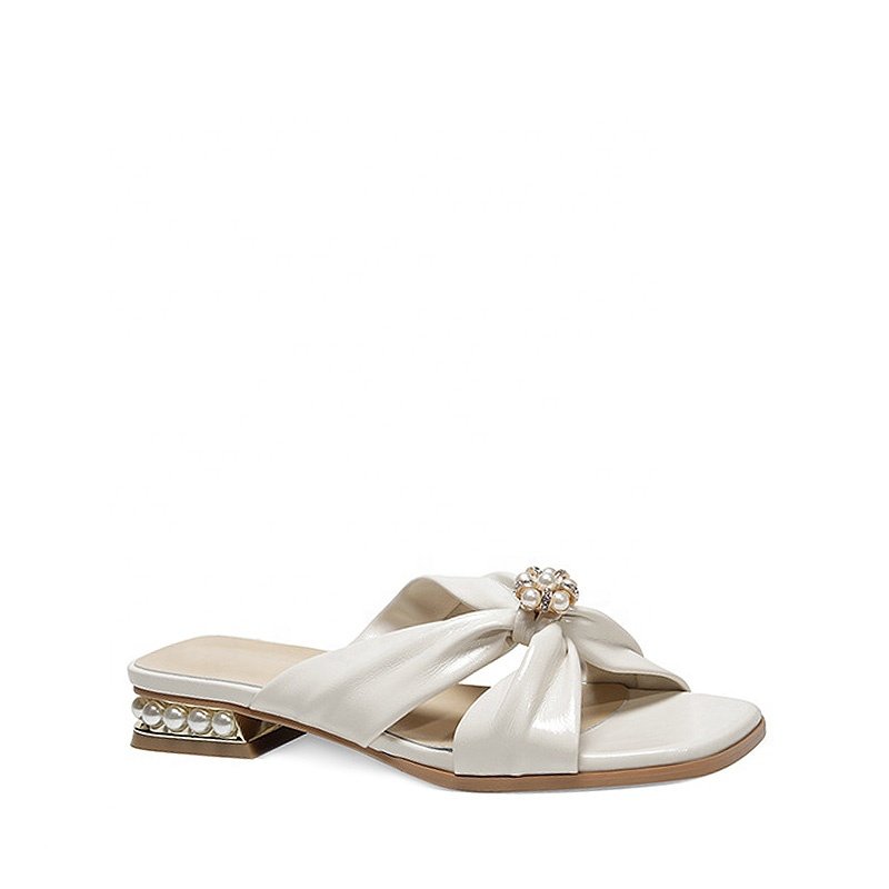 2024 Women's Summer Flat Sandals New Casual Pearl Rhinestone Open Toe Slippers with Low Heel Slide Leather Lining Rubber Insole