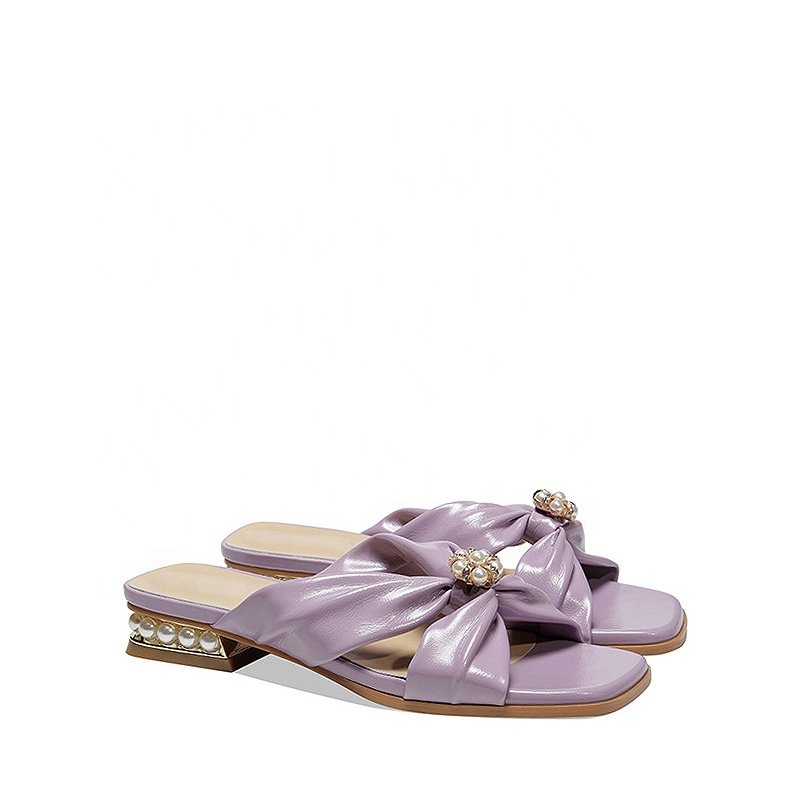 2024 Women's Summer Flat Sandals New Casual Pearl Rhinestone Open Toe Slippers with Low Heel Slide Leather Lining Rubber Insole