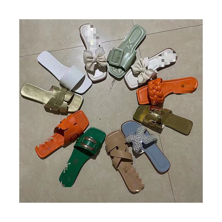 Wholesale Fashion Open Toe Footwear Beach Flat Leather VLTN Luxury Designer Brand Female Summer Slides Women's Sandals Slippers