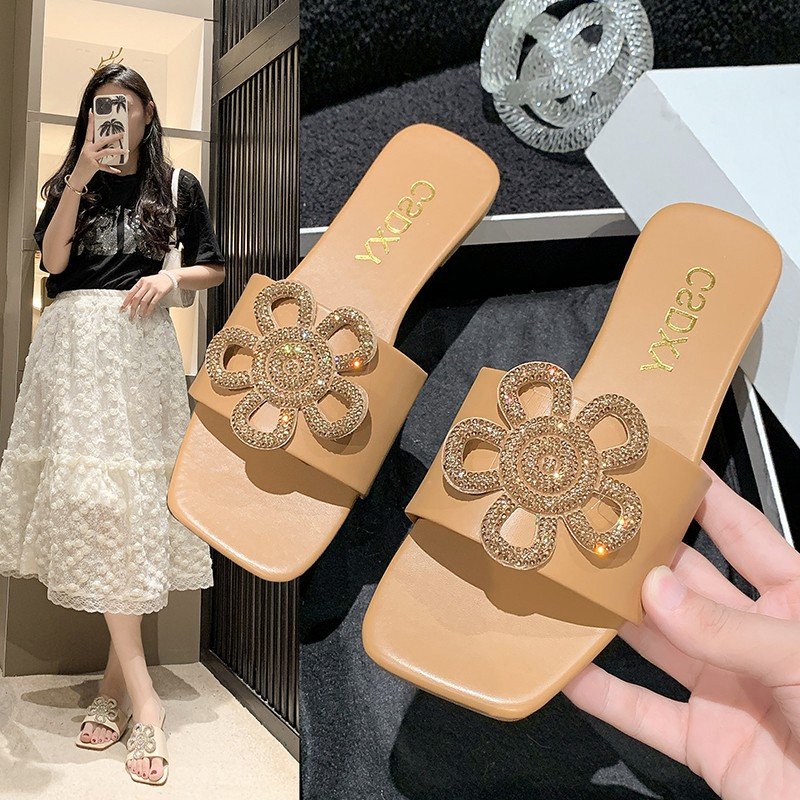 2024 New Summer Large Size Rhinestone One-Line Slippers Flat Sandals for Women
