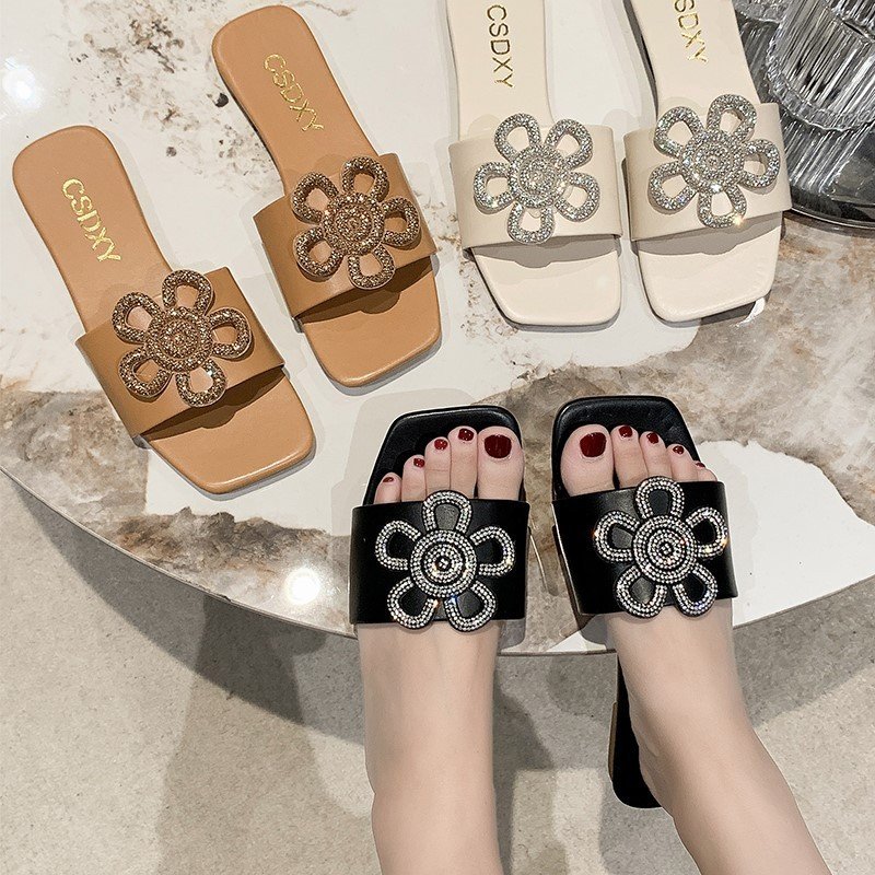 2024 New Summer Large Size Rhinestone One-Line Slippers Flat Sandals for Women