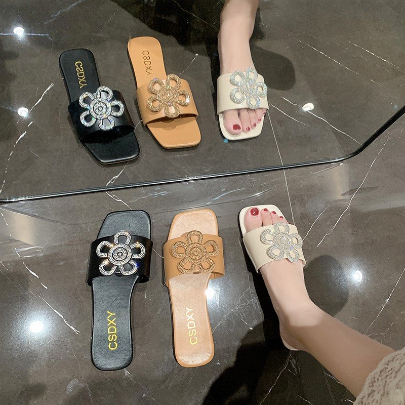 2024 New Summer Large Size Rhinestone One-Line Slippers Flat Sandals for Women