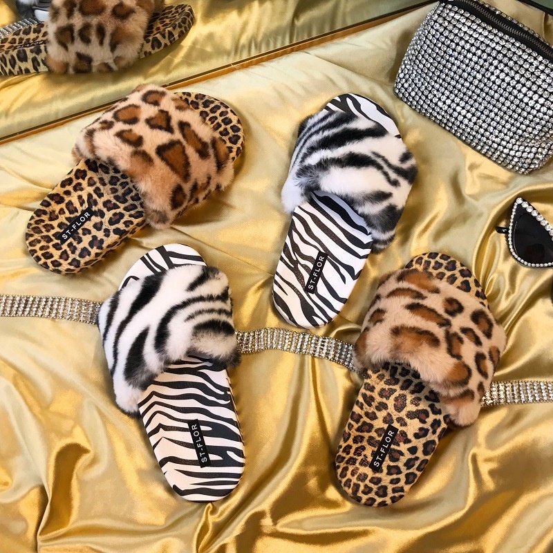 High quality summer Fur Slippers for ladies Popular sandal women slide fox fluffy slippers brown leopard print fuzzy slide