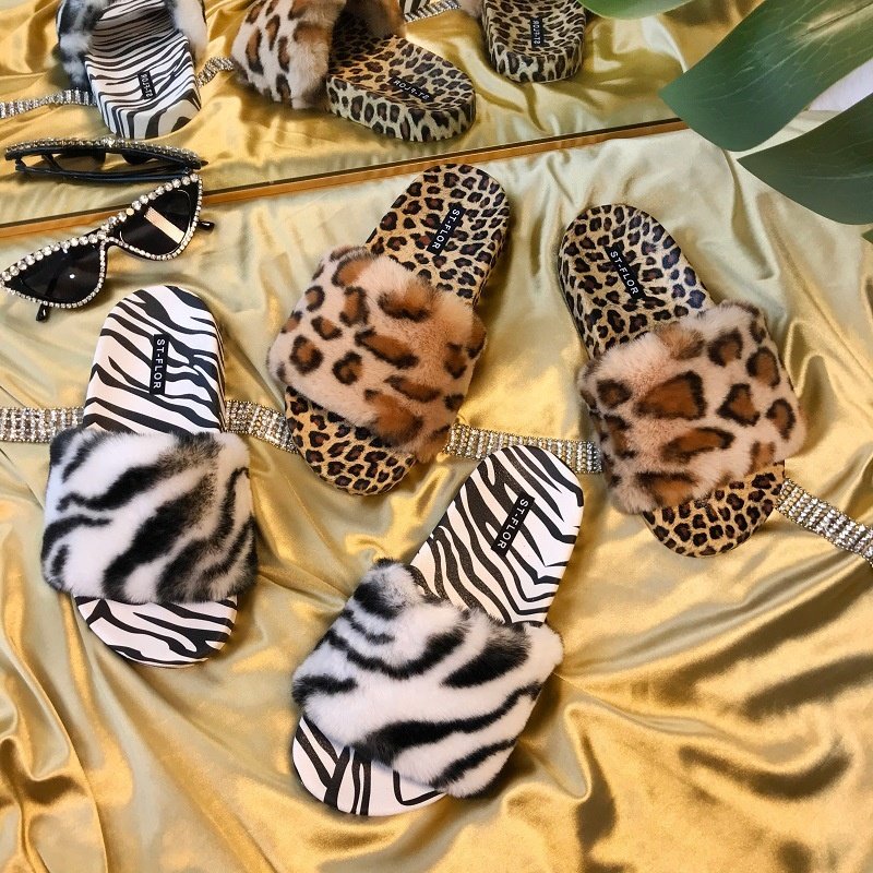 High quality summer Fur Slippers for ladies Popular sandal women slide fox fluffy slippers brown leopard print fuzzy slide