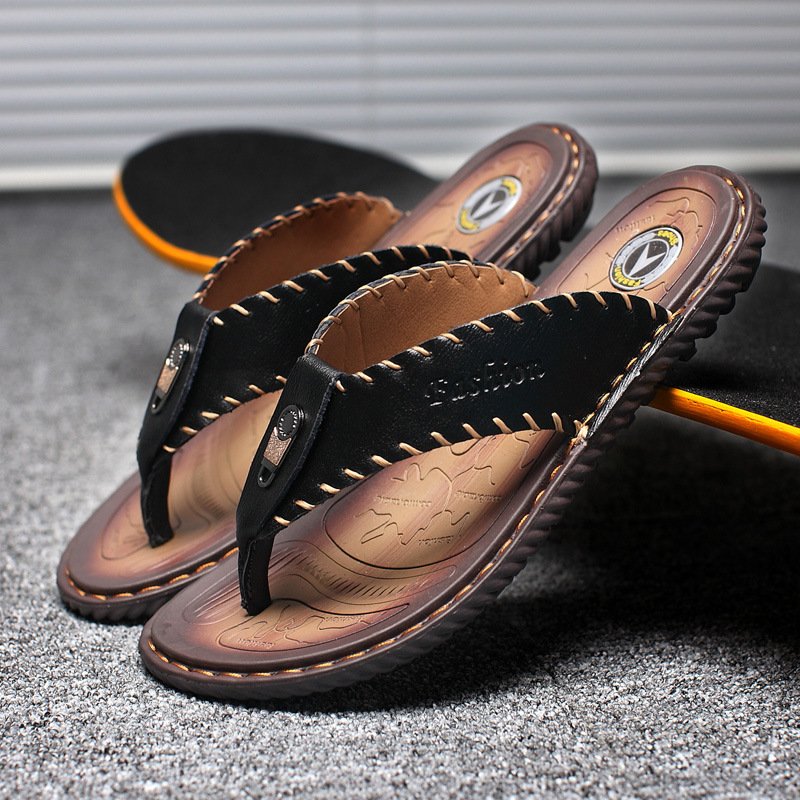 Genuine Leather Large Size Men's Flip Flops Outdoor Sandals Hand-stitched Casual Men's Shoes Slippers Beach Sandals