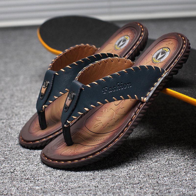Genuine Leather Large Size Men's Flip Flops Outdoor Sandals Hand-stitched Casual Men's Shoes Slippers Beach Sandals