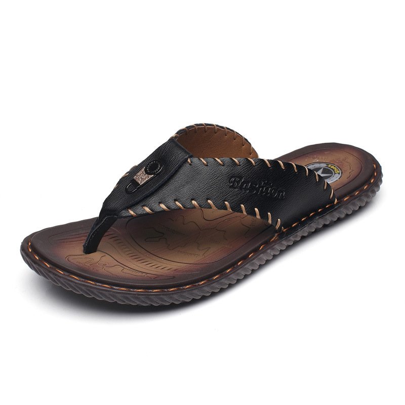 Genuine Leather Large Size Men's Flip Flops Outdoor Sandals Hand-stitched Casual Men's Shoes Slippers Beach Sandals