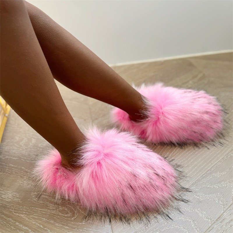 IDOIT Luxury Fur Slippers Women Round Toe Raccoon Fur Sandals Woman Shoes Women Flat Half Slippers Fur Slides