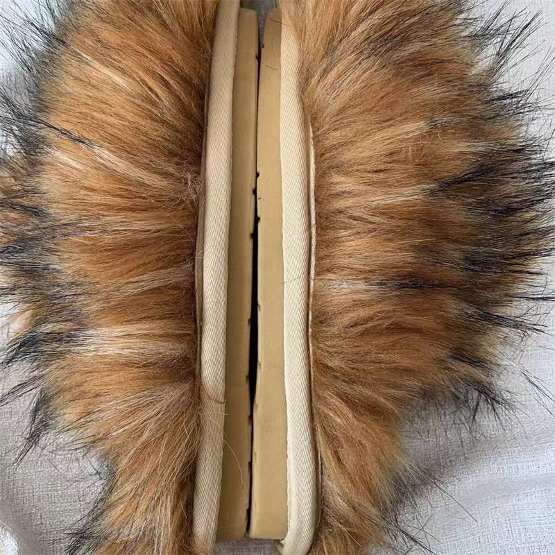 IDOIT Luxury Fur Slippers Women Round Toe Raccoon Fur Sandals Woman Shoes Women Flat Half Slippers Fur Slides