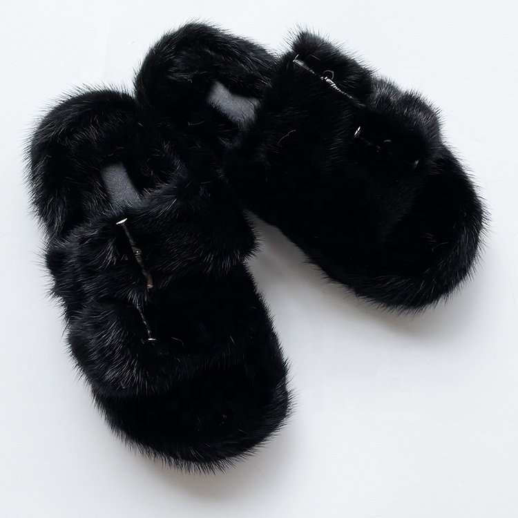 Brown color faux mink fur double strap slippers indoor outdoor fur slides men women sandals