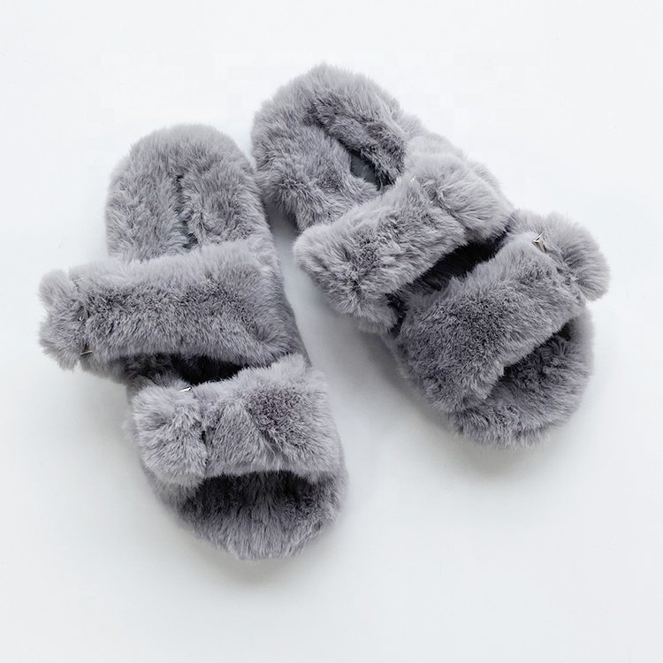 Brown color faux mink fur double strap slippers indoor outdoor fur slides men women sandals
