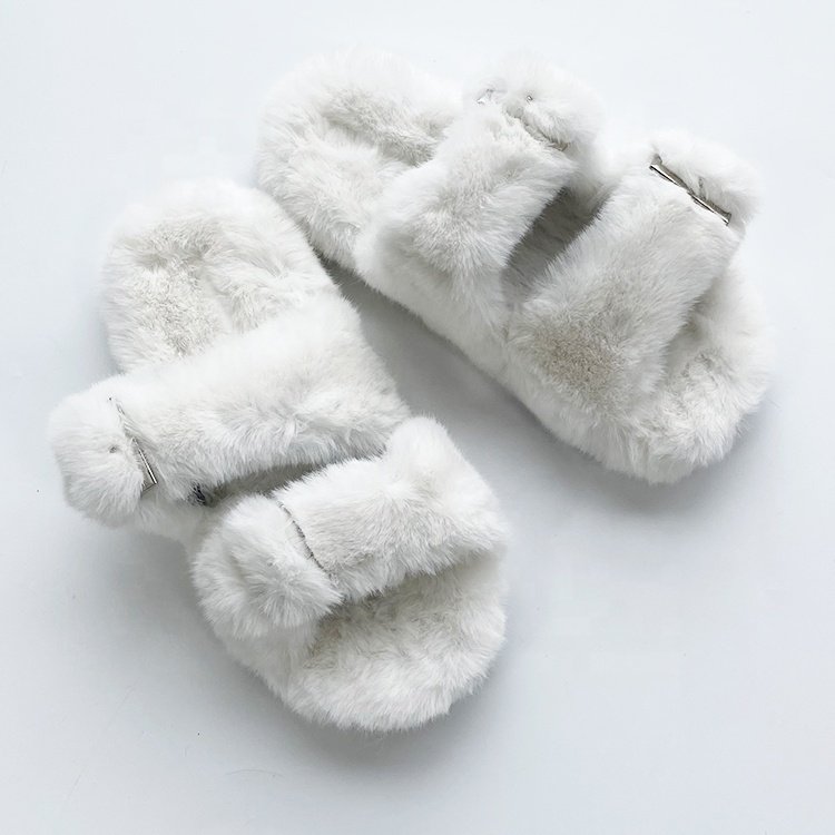 Brown color faux mink fur double strap slippers indoor outdoor fur slides men women sandals