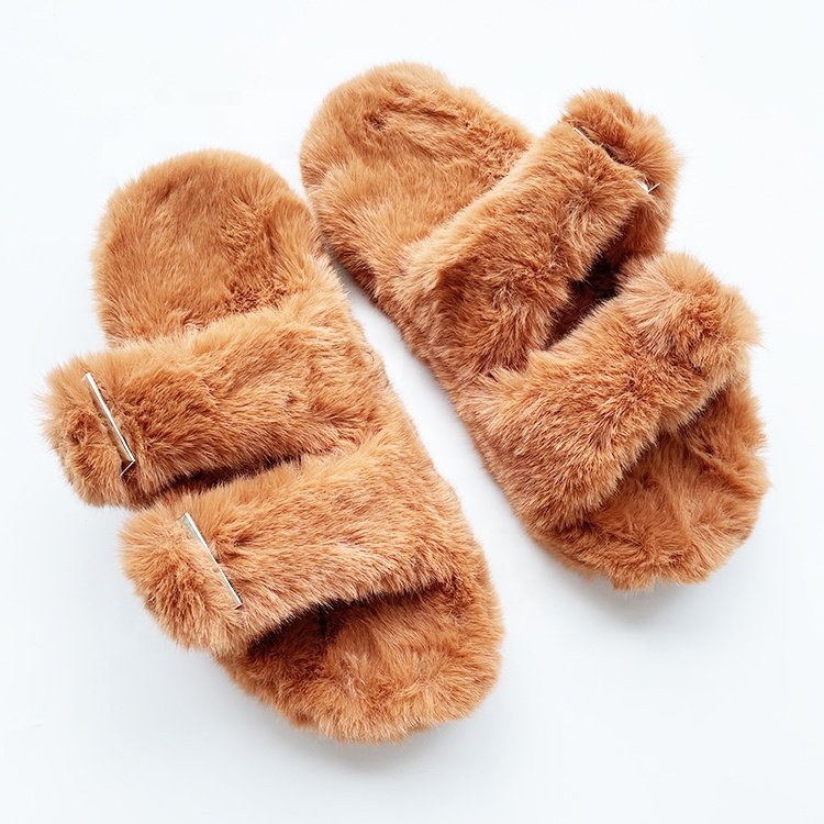 Brown color faux mink fur double strap slippers indoor outdoor fur slides men women sandals